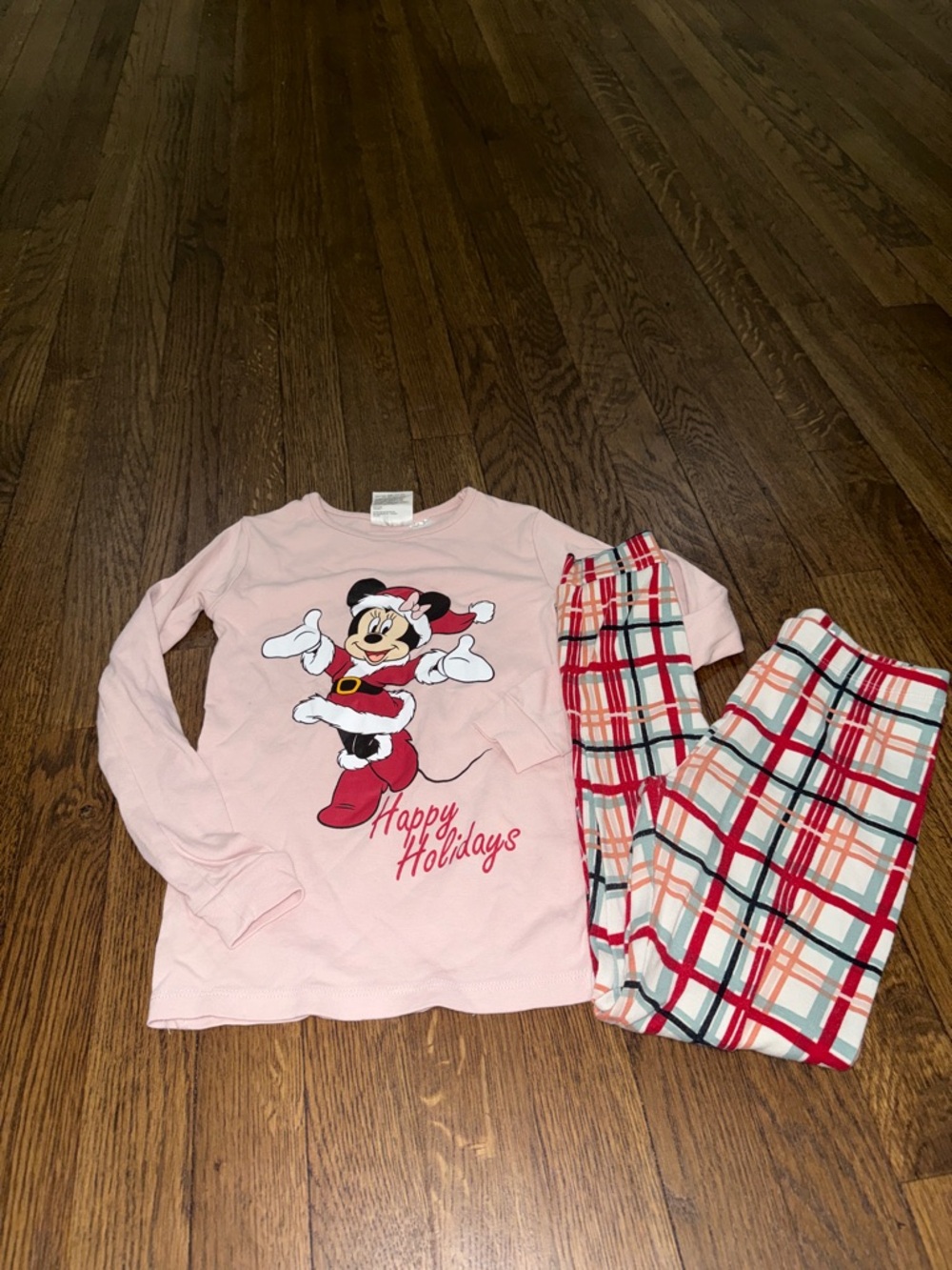 H&M Pink Minnie Mouse Holiday Pajama Set with Red Plaid Pants
